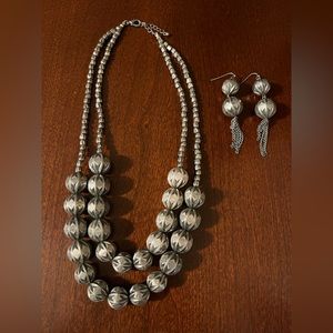 Silver beaded necklace and earring set